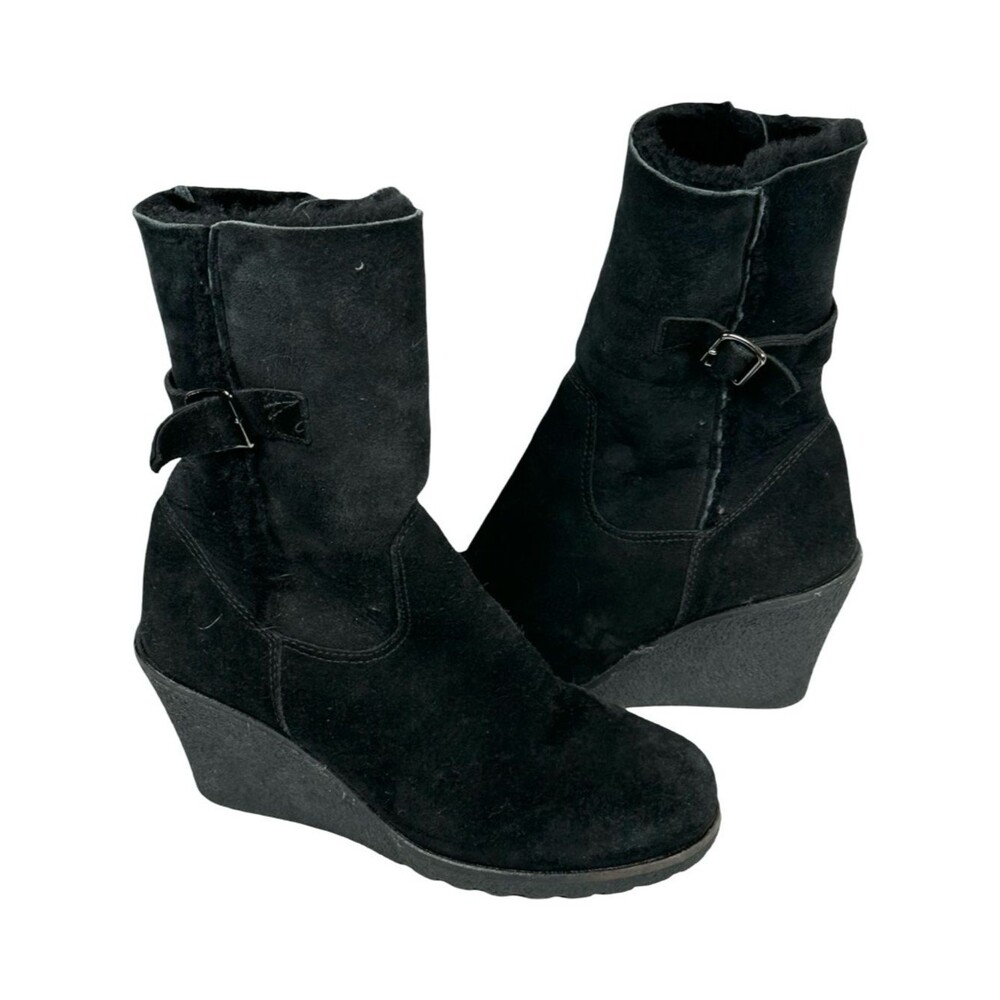 La Canadienne Black Suede Leather Wedge Heel Shearling Lined Winter Boots 7.5M